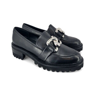 Aerosoles Lilia Chunky Black Leather Loafers 8.5M | Silver Chain |‎ Lug Sole